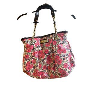 Betsey Johnson Red Floral Sequin Tote Shoulder Bag Gold Chain Black Patent